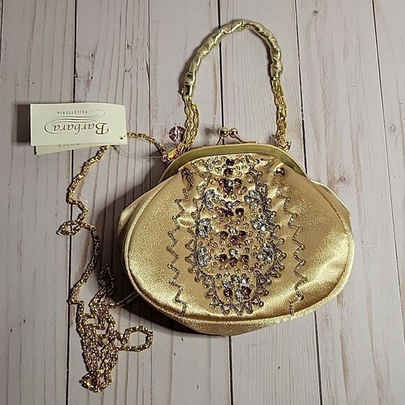 Gorgeous BARBARA Pelletarria Italy Clutch Satin Beaded  Bag  Gold NWT - Picture 1 of 13